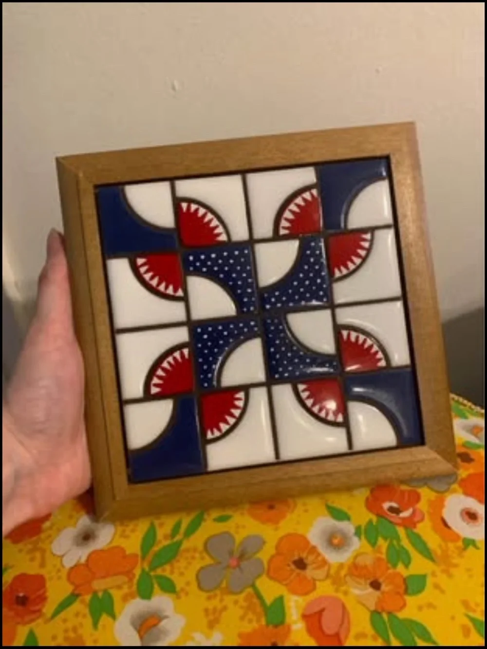 Handcrafted Navy, Red & White quilt pattern Decorative Tile Art /trivet